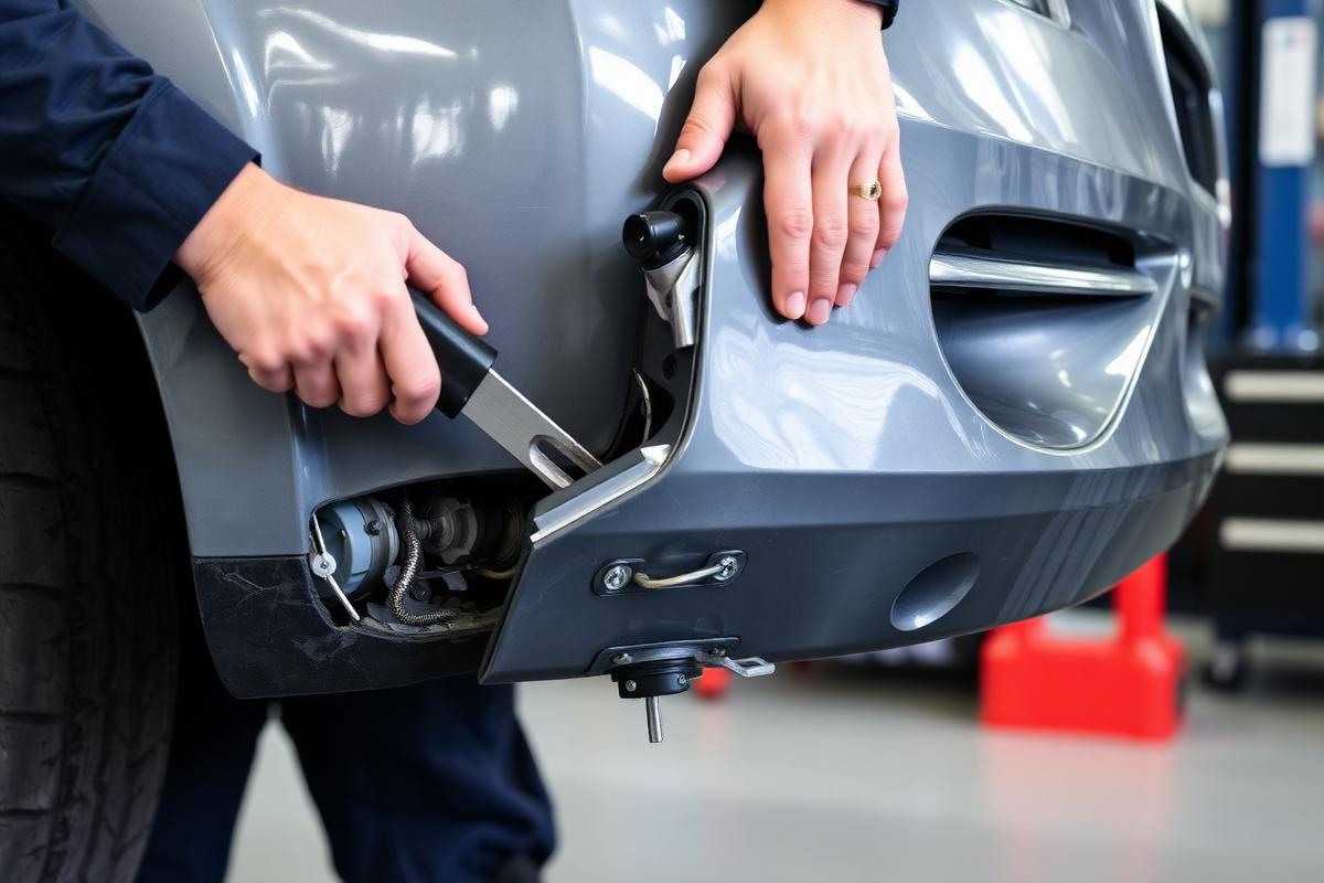 Technician repairing a car bumper at Pheasant Ridge Collision Co.